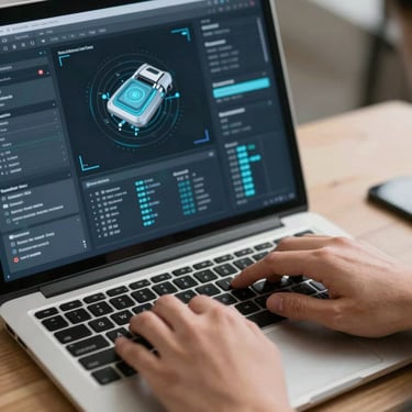 Detailed shot of hands interacting with a sophisticated digital interface on a laptop, representing high-tech automation and reliability in a professional US setting.