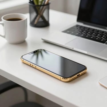 A clean, organized workstation in a bright North American office featuring a smartphone and a coffee mug, emphasizing streamlined productivity and gold accents.