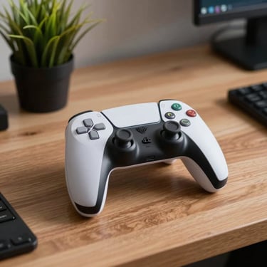 A high-resolution photograph of a white gaming controller resting on a clean wooden desk next to a small green plant in a North American home office.