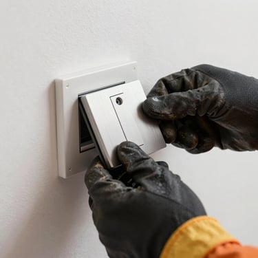 Close-up of an electrician's hands in professional work gloves installing a modern brushed-metal smart switch. Focused on precision and detail.