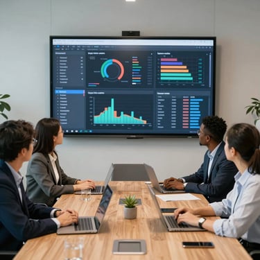 A diverse professional team in a modern North American boardroom, collaborating over a large screen displaying complex software performance metrics and graphs.