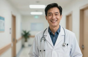 A professional doctor in a white coat smiling warmly, standing in a clean, brightly lit North American hospital hallway. High-end photography style, trustworthy and professional.