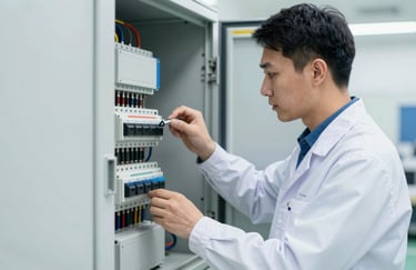 A technician in professional attire performing a technical inspection or commission of a switchgear panel. The setting is a clean facility, highlighting trust and expertise. Palette: #2E5D8B and white.