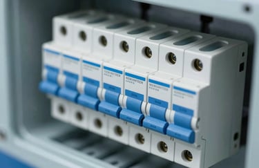 Detailed view of high-end international electrical components (breakers and sensors) installed on a DIN rail. Precision focus and clean lighting, using #A8C8E4 and #2E5D8B tones.