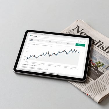 A minimalist, clean desktop scene with a tablet displaying financial growth charts and a professional British newspaper, emphasizing innovation.