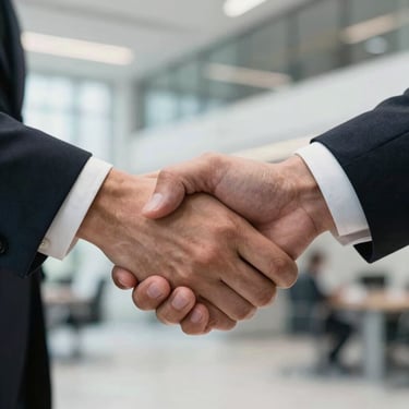 A close-up of a professional handshake between two business partners in a modern corporate setting in the United Kingdom, symbolizing trust and reliability.