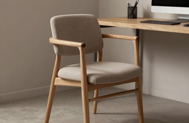 Ergonomic furniture design photography featuring a minimalist chair in a stylish home office setting in South America. Muted taupe tones and natural wood textures.