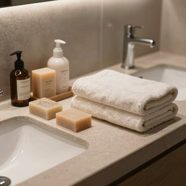 Professional hospitality detail shot of a clean, minimalist hotel bathroom with stone surfaces, organic soaps, and neatly folded off-white towels.