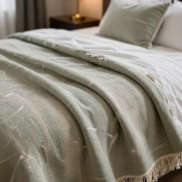 Close-up photography of hand-woven Turkish textiles in a hotel room, featuring muted sage and off-white colors, emphasizing high quality and tranquil atmosphere.