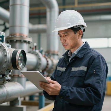 An engineer with a tablet and white safety helmet inspecting industrial heating infrastructure, technical focus, authoritative executive style.
