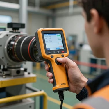 Close-up photography of a professional handheld energy auditor device showing digital metrics, held by an engineer in a European industrial plant.