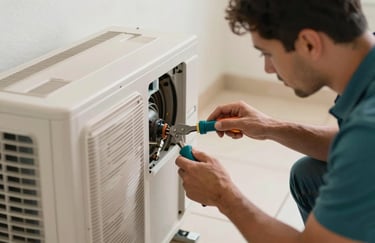 A technician performing maintenance on a modern air conditioning unit in a North American / Mexican / Yucatán residential setting. The focus is on precision and clean tools, using a color palette of muted teal and soft beige.
