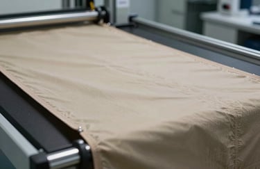 Close-up of a durability testing laboratory where a tent fabric is being stress-tested under professional lighting, emphasizing reliability and quality control.