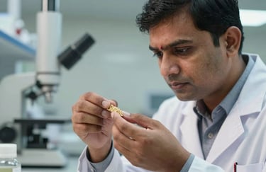 A close-up shot of a quality inspector in a professional laboratory setting within a South Asian / Indian facility. The person is examining grain samples for purity, emphasizing the company's commitment to quality control.