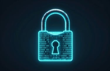 A stylized padlock made of glowing digital code, representing cybersecurity and threat protection. Dark background (#1F314C) with bright cyan accents (#00BCD4).