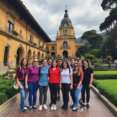 A climber ascending a rugged rock face with a panoramic view of the Colombian Andes.