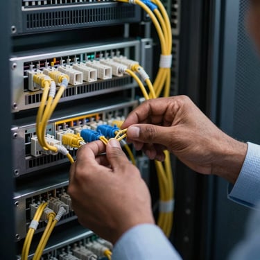 Close-up of a South Asian professional IT engineer's hands expertly organizing fiber optic cables behind a glowing server rack. The lighting highlights technical precision.