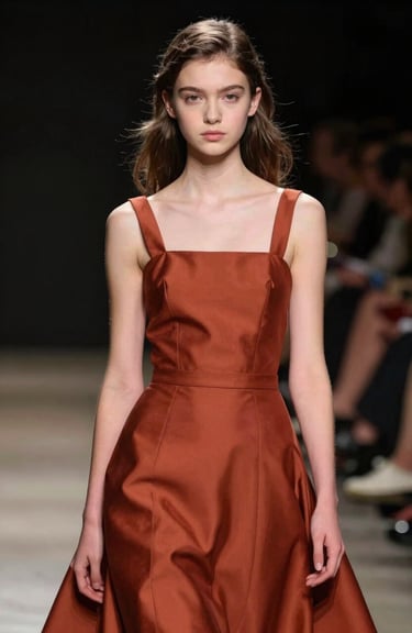 A fashion-forward portrait of a 15-year-old girl in a custom Terracotta-colored gown, high-end editorial lighting, sophisticated pose.