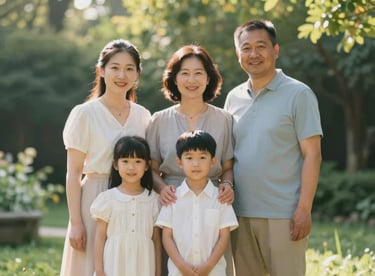 Traditional family portrait in a lush garden setting, perfectly posed and lit with warm, natural sunlight.