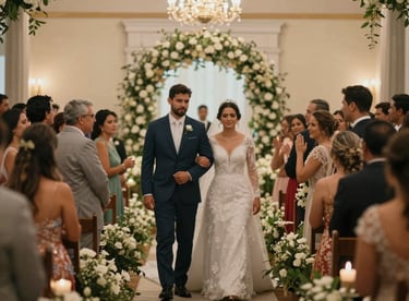Cinematic wide shot of a wedding ceremony in São Gonçalo, capturing the raw emotion of the couple and guests.