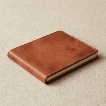 A premium flat lay of a handcrafted leather heirloom album on a Sand Beige linen surface, accented by soft shadows.