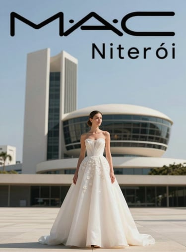 Graphic and modern image of a debutante at the MAC Niterói, blending modern architecture with classic elegance.