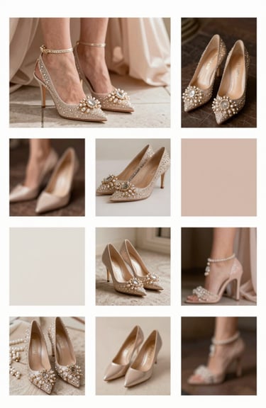 Editorial detail shot of Quinceañera styling: high-fashion shoes, custom jewelry, and a curated mood board.