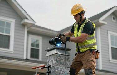 An action photograph of a skilled construction worker in safety gear properly securing flashing around a chimney on a modern US residence.