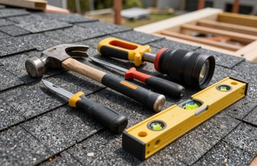 A collection of professional roofing tools, including a hammer and levels, resting on a dark shingle surface on a US construction site.