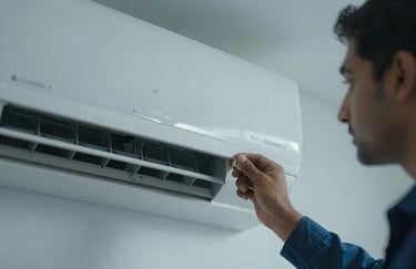 A South Asian technician's hand adjusting the thermostat of a modern air conditioning unit in a clean apartment. Muted blue tones.
