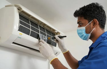 A South Asian technician wearing a mask and gloves, carefully cleaning the filters of an indoor AC unit with professional precision.