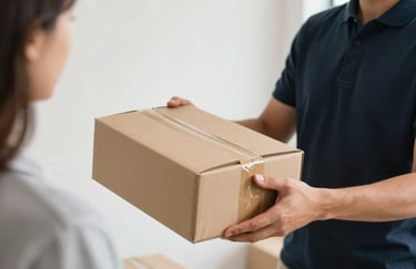 A professional handing over a neatly sealed cardboard package to a customer in a bright, modern interior with clean white walls.