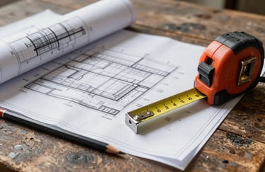 A flat lay of construction blueprints, a metal tape measure, and a dark charcoal pencil on a rustic wooden workbench.