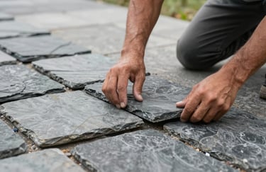 Close-up of a builder's hands carefully aligning slate gray stone tiles for a custom outdoor walkway.