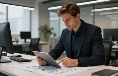 A professional in a modern European / French office using a tablet to review architectural plans. Sharp focus, sophisticated lighting, wearing dark navy professional attire.