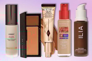 Assorted luxury and drugstore liquid foundations and concealer palettes for diverse skin tones.