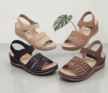 Cómodas sandalias de cuña para mujer con correas de corte láser en cuero.