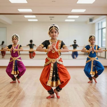 A cheerful classroom with children in vibrant costumes practicing dance steps under a bright, playful mural.