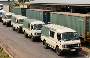 A logistics fleet of off-white and medium sage green vehicles moving through a well-maintained transport hub in a East African / Tanzanian setting.