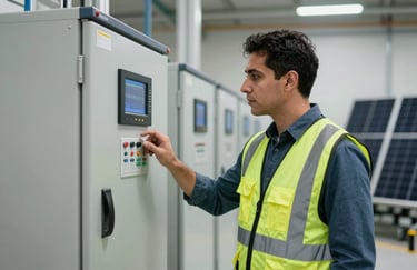 A professional engineer in a modern safety vest inspecting a digital control panel of a renewable energy system. Global Hispanic setting, indoor technological facility with soft lighting.