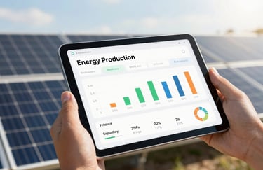 Close-up of a hand using a tablet to monitor energy production statistics on a clean, user-friendly interface. Background shows blurred solar panels and a bright sky. Global Hispanic context.