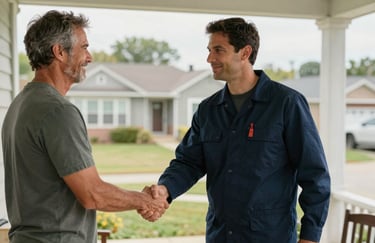 A technician in a professional uniform shaking hands with a satisfied homeowner on a porch in a North American neighborhood.