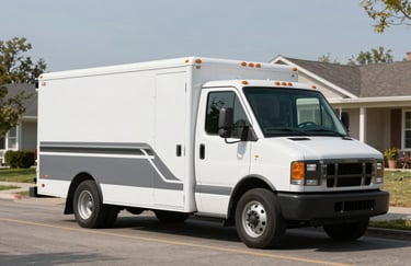 A clean, white service truck with professional charcoal gray decals parked on a quiet North American suburban street during a clear day.