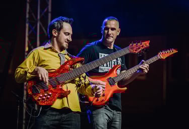 Two guitarists performing on stage with matching red guitars under blue stage lights.