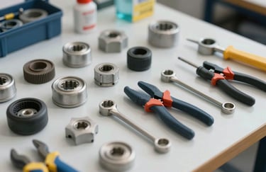 An array of high-quality, genuine AC spare parts and tools laid out on a clean workbench, organized and professional, reflecting trustworthiness.