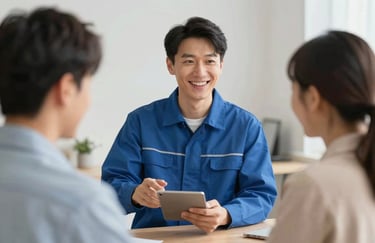 A friendly technician in a uniform discussing service options with a satisfied customer, indoor residential setting, warm and trust-building.