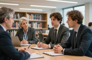 A professional meeting in a European university setting, focused on a collaborative discussion between colleagues, blurred background of a modern library.