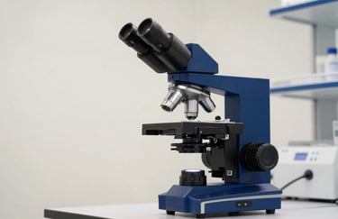 A high-tech digital microscope in a bright laboratory setting in Europe, off-white background, sleek medium blue equipment details, professional scientific photography.