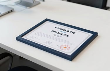 An official professional certificate in a dark blue frame resting on a white minimalist office desk, sharp focus, clean and professional lighting.