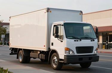 A sleek white box truck making a delivery in a clean North American commercial district during the morning hours, reflecting a sense of efficiency and urban logistics.